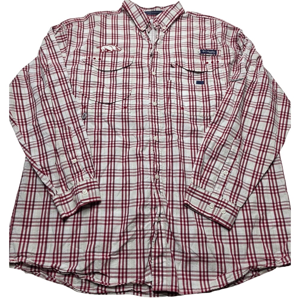 Columbia PFG Super Bonehead Arkansas Razorbacks Shirt Mens XL Red Plaid Fishing